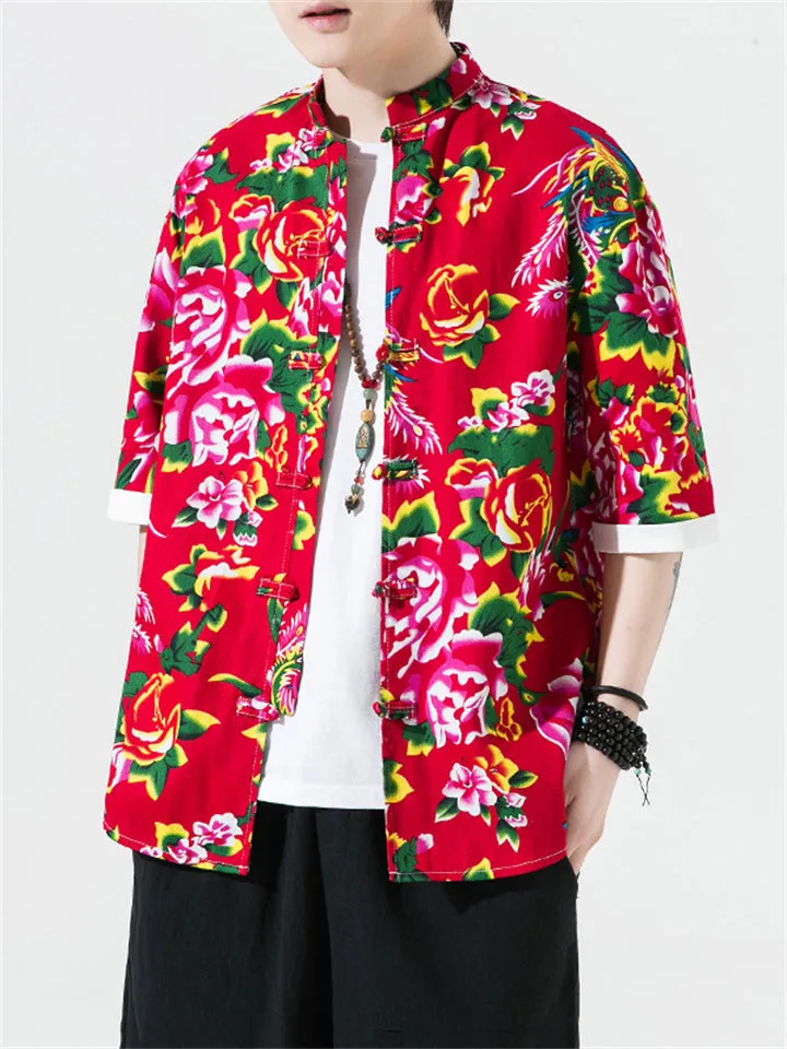 Male Flower Peacock Printed Short Sleeve Shirt