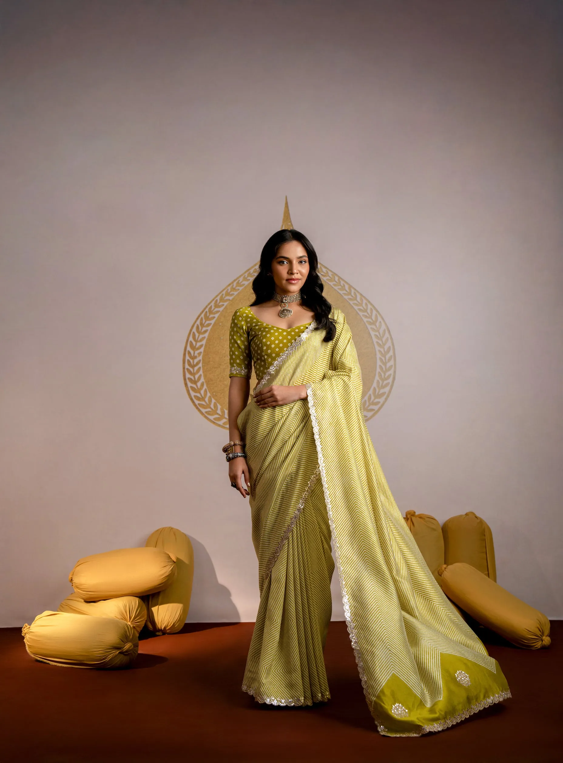Mehandi green ZigZag Laheriya Pure Russian Silk Saree with Mirror Work and Scallope Border