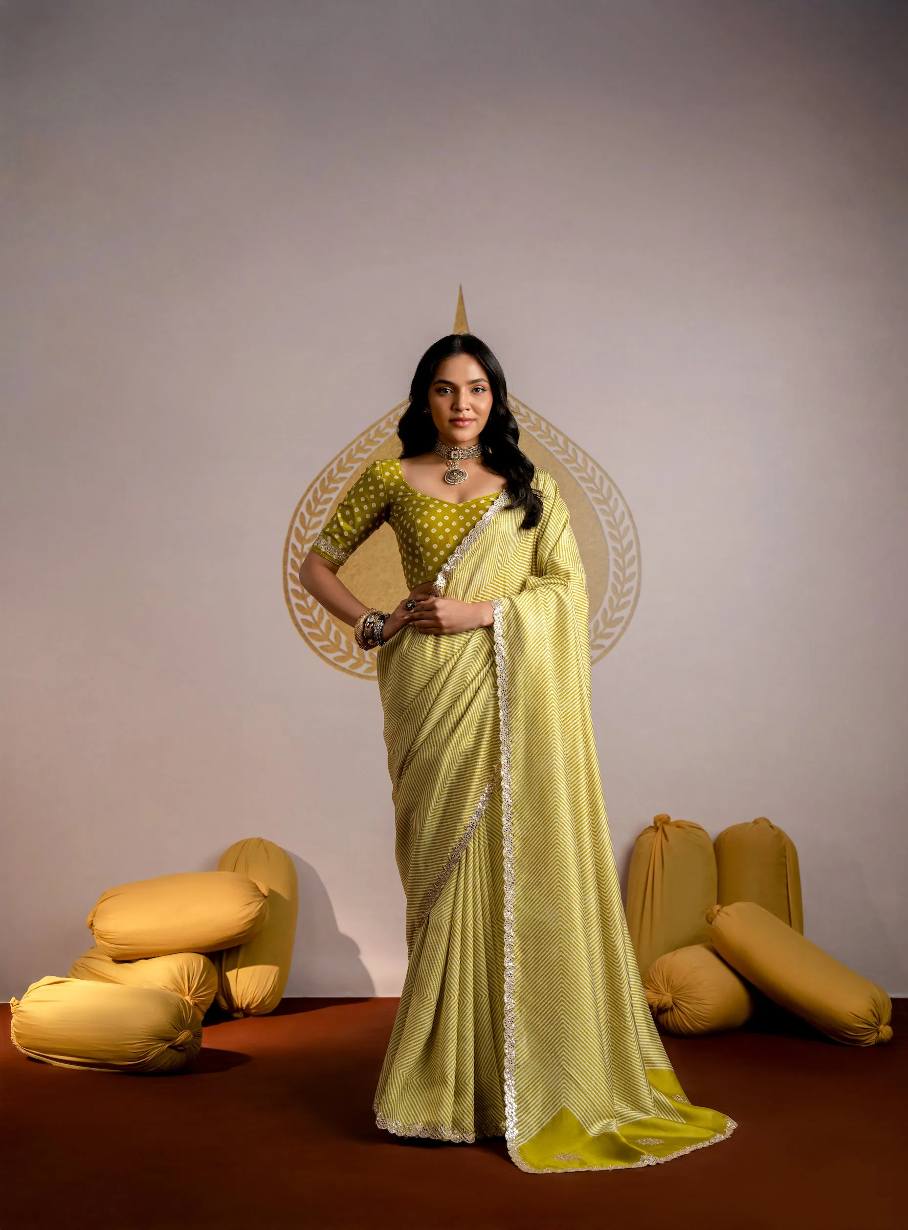 Mehandi green ZigZag Laheriya Pure Russian Silk Saree with Mirror Work and Scallope Border