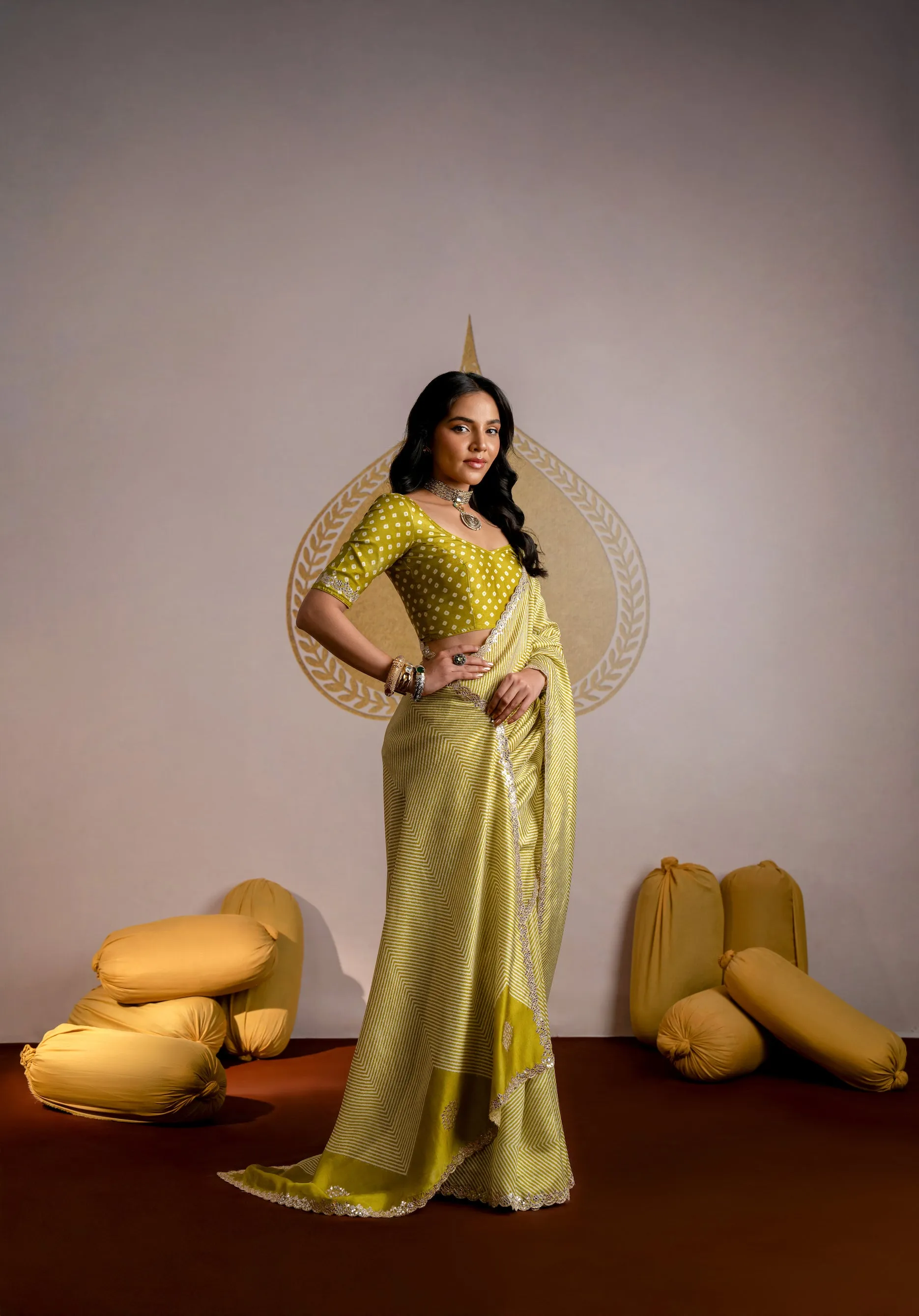 Mehandi green ZigZag Laheriya Pure Russian Silk Saree with Mirror Work and Scallope Border