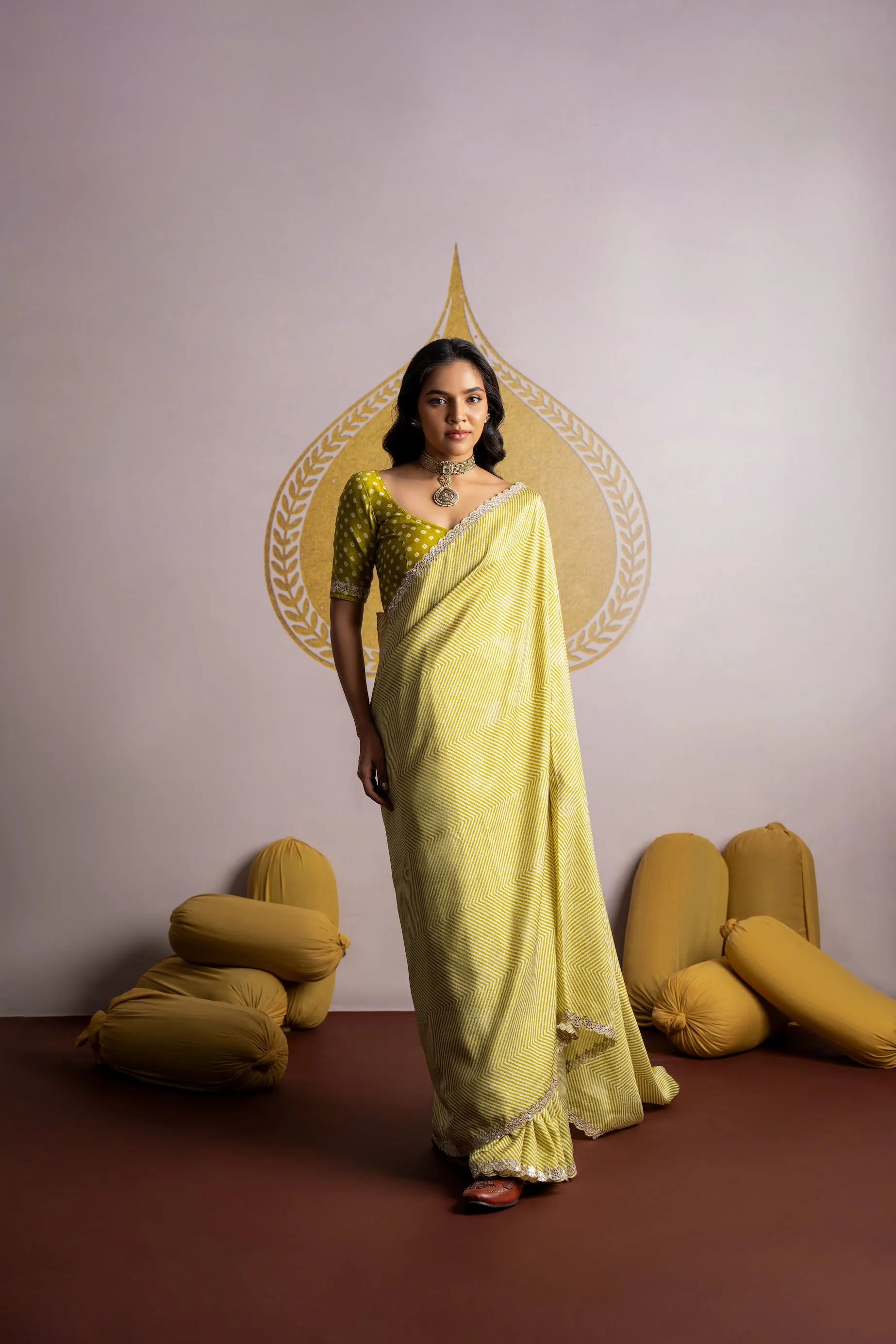 Mehandi green ZigZag Laheriya Pure Russian Silk Saree with Mirror Work and Scallope Border