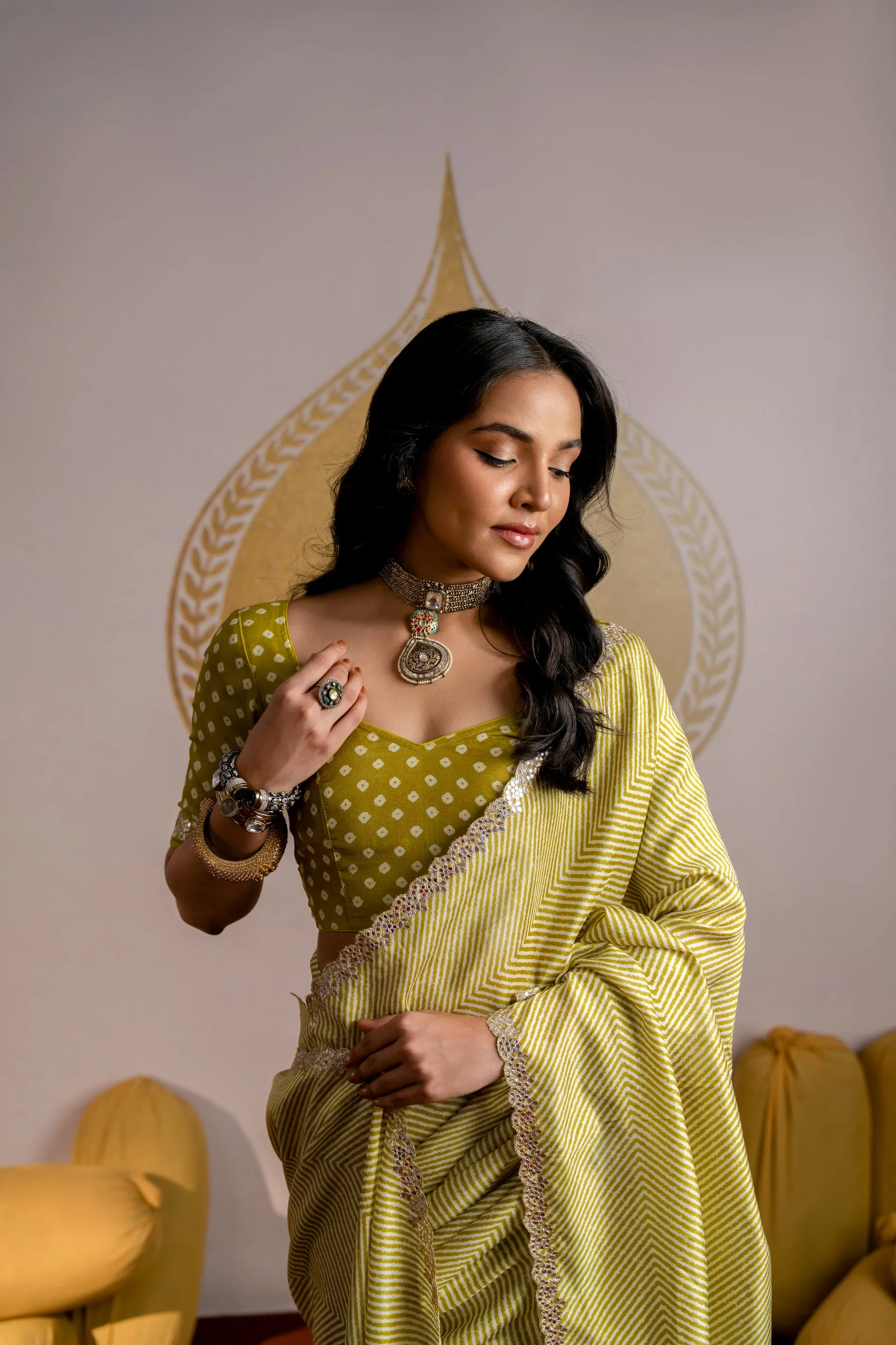 Mehandi green ZigZag Laheriya Pure Russian Silk Saree with Mirror Work and Scallope Border