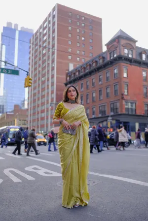 Mehandi green ZigZag Laheriya Pure Russian Silk Saree with Mirror Work and Scallope Border
