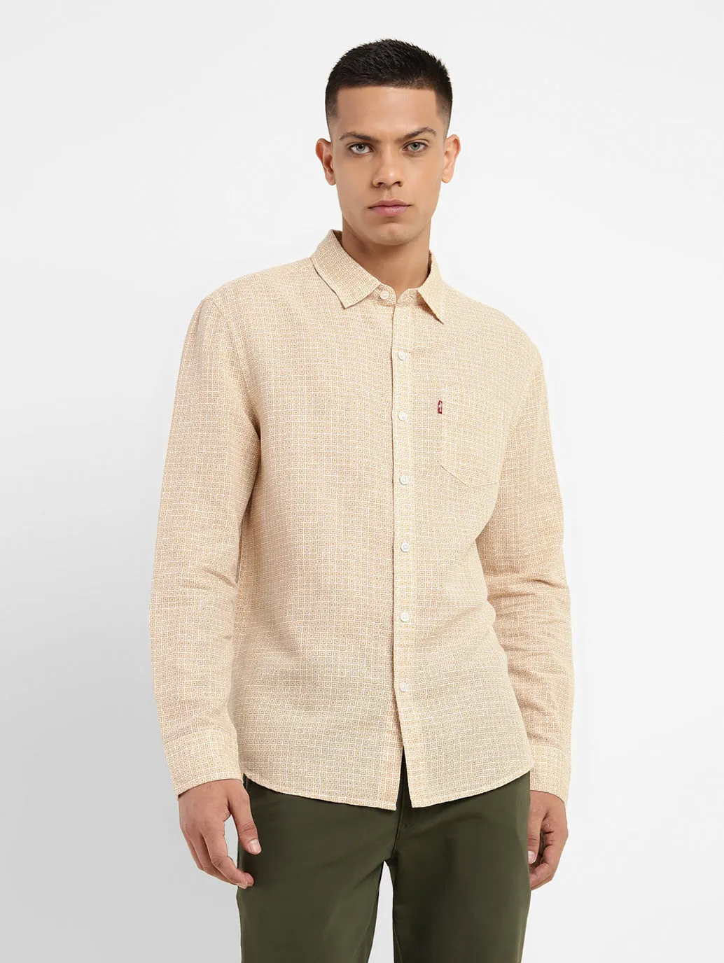 Men's Geometric Print Slim Fit Linen Shirt