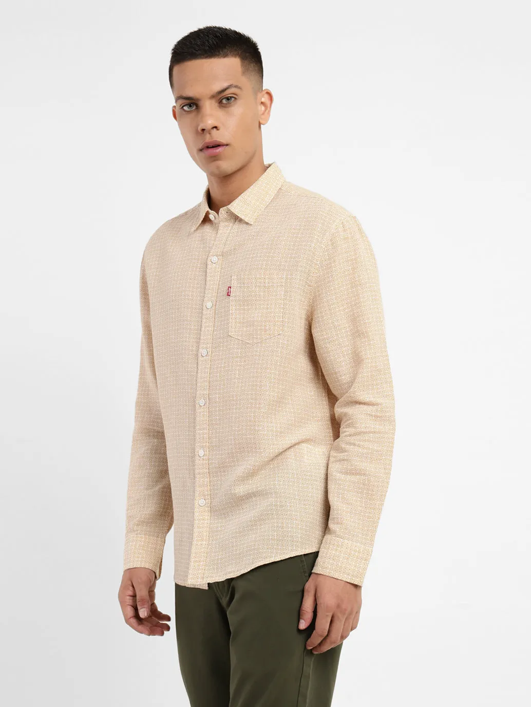 Men's Geometric Print Slim Fit Linen Shirt