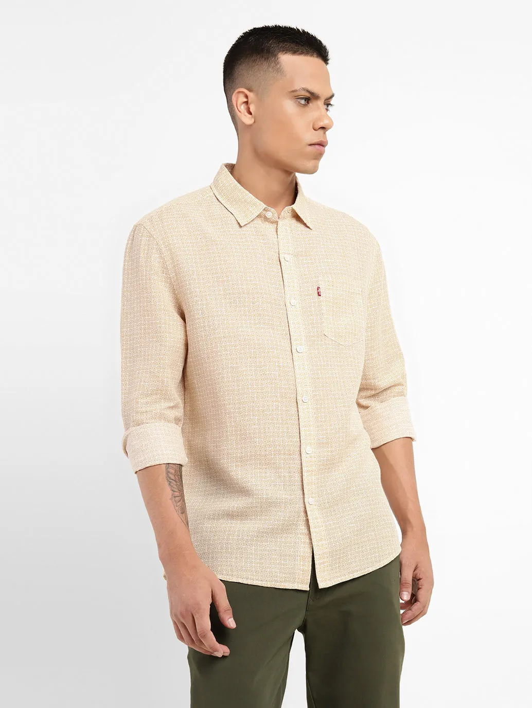 Men's Geometric Print Slim Fit Linen Shirt