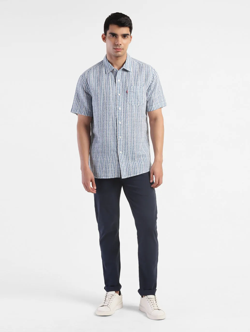 Men's Geometric Print Spread Collar Linen Shirt Blue