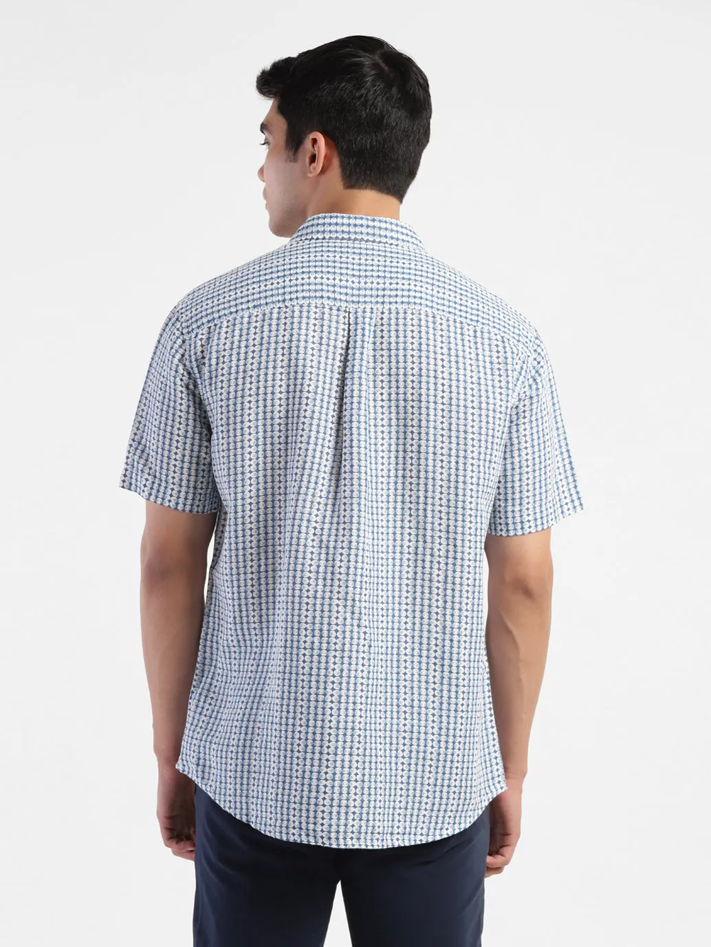 Men's Geometric Print Spread Collar Linen Shirt Blue