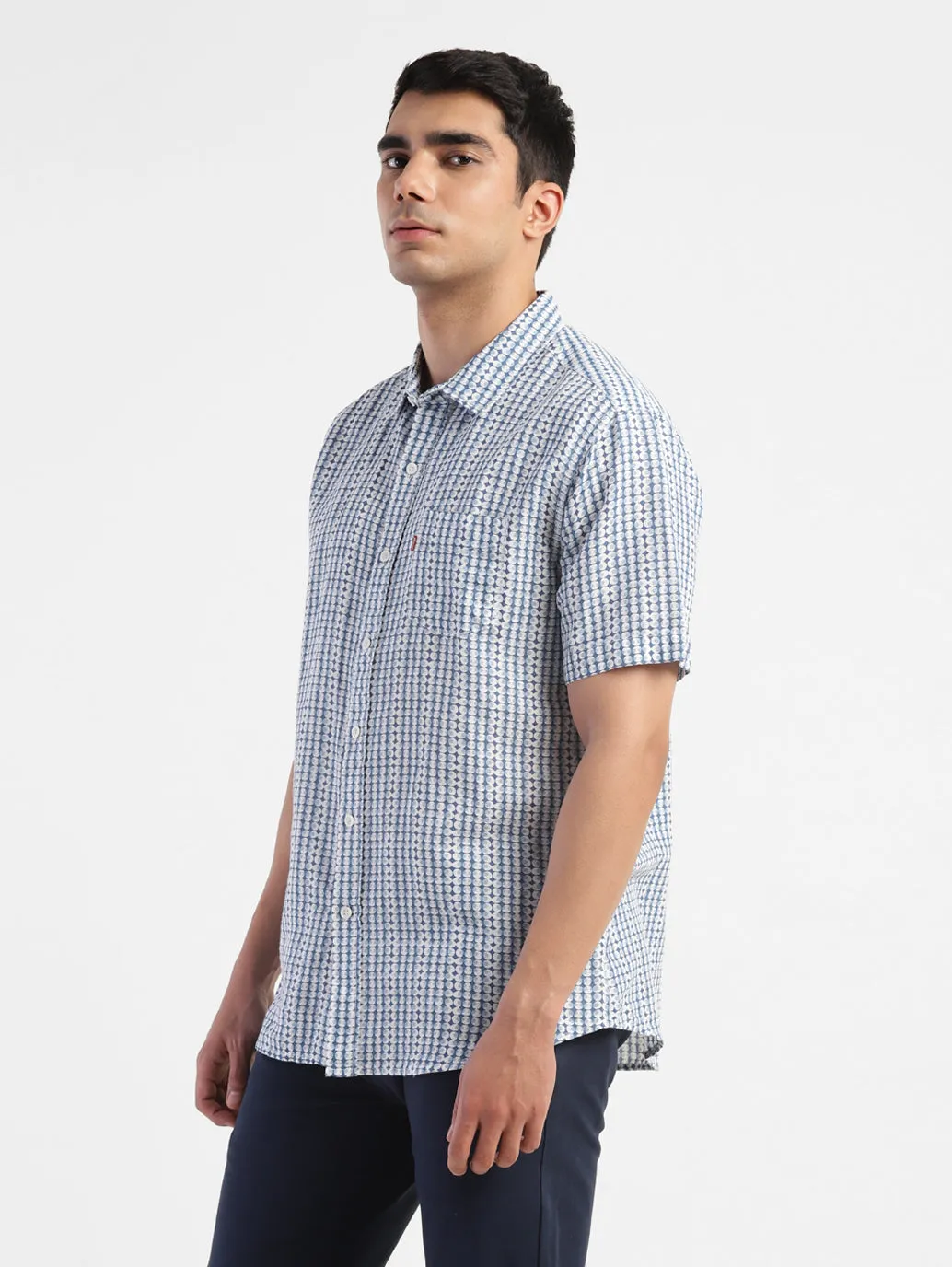 Men's Geometric Print Spread Collar Linen Shirt Blue