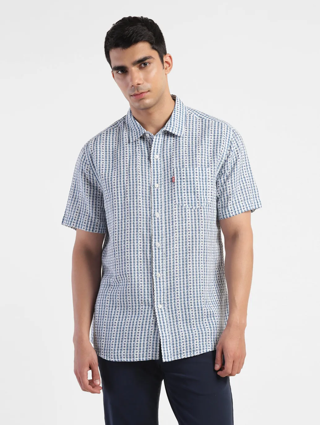 Men's Geometric Print Spread Collar Linen Shirt Blue