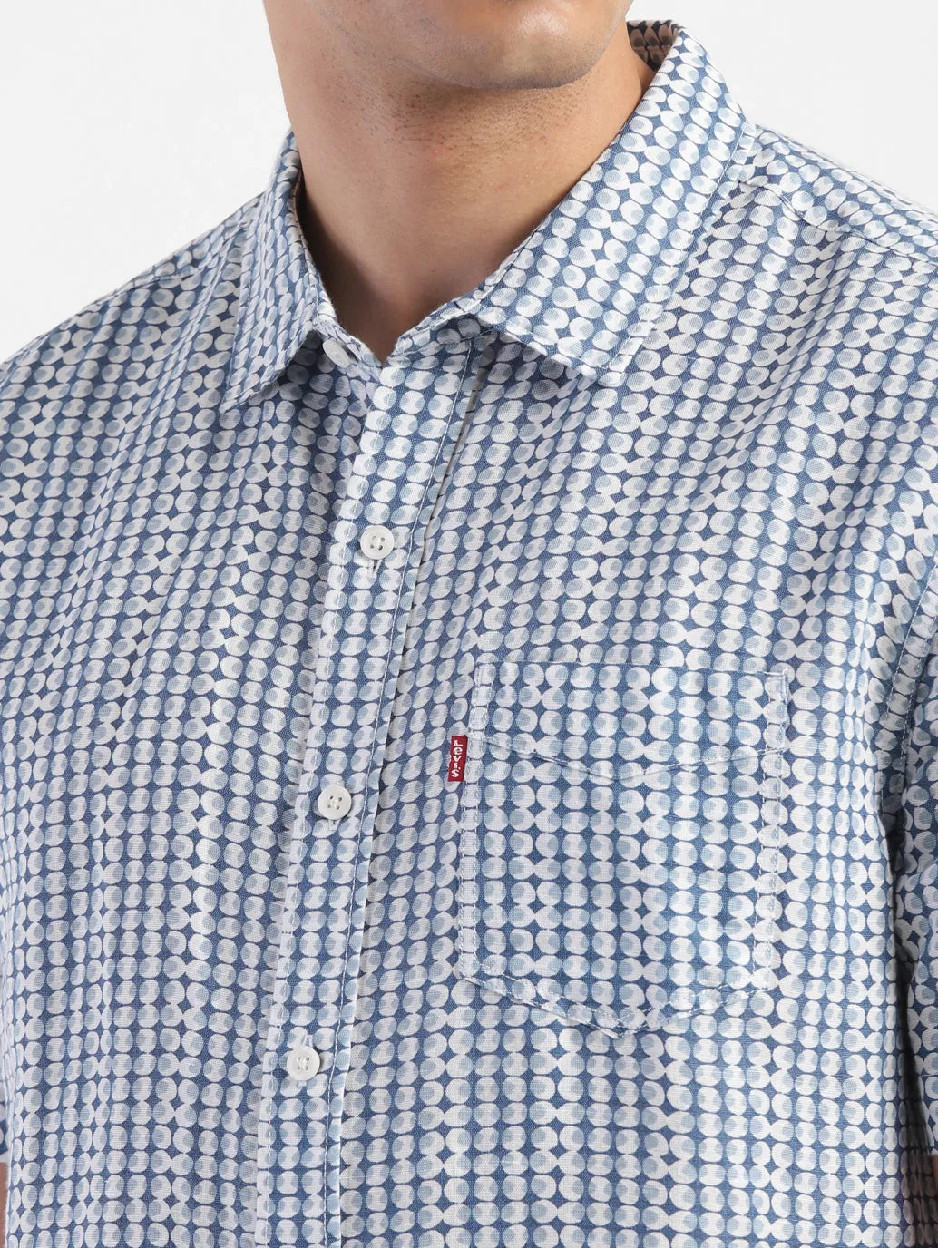 Men's Geometric Print Spread Collar Linen Shirt Blue