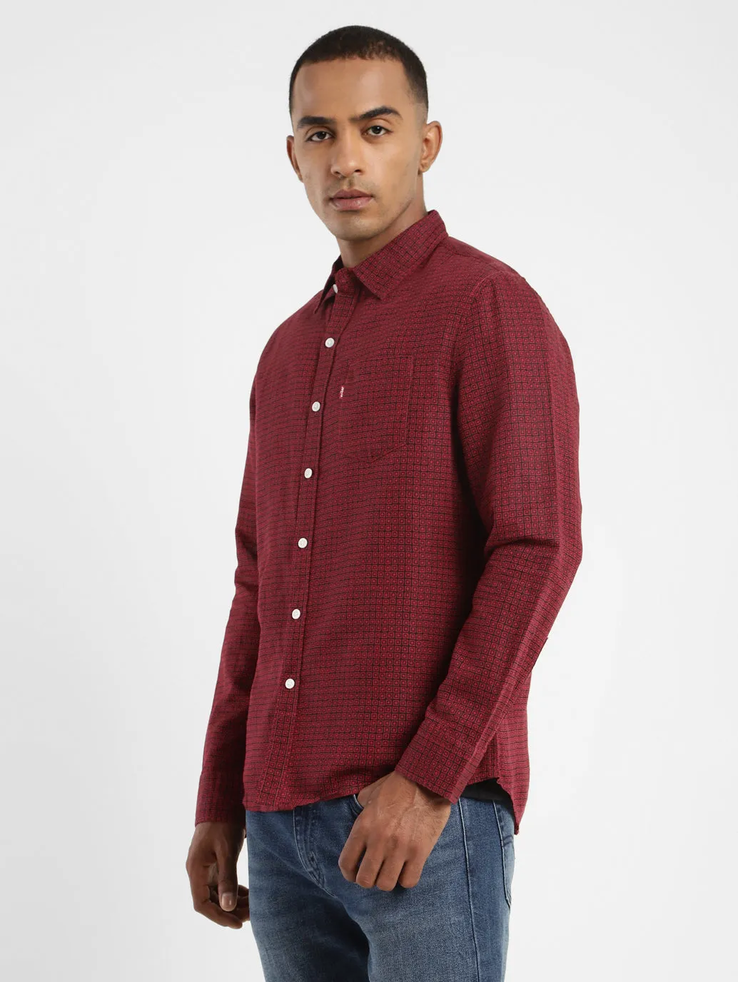 Men's Geometric Print Spread Collar Linen Shirt