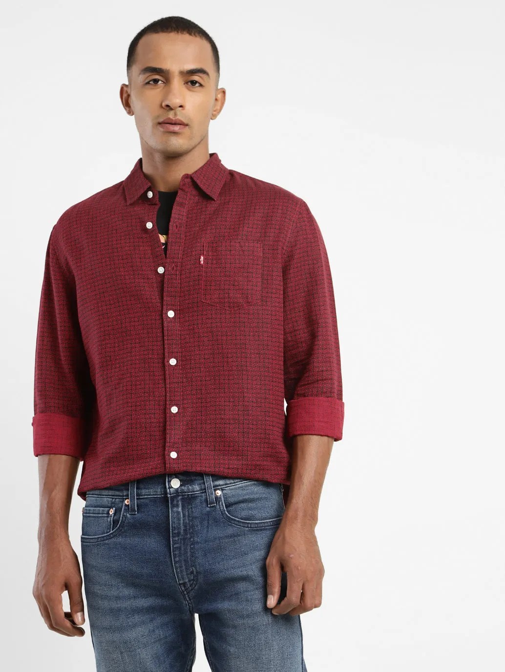 Men's Geometric Print Spread Collar Linen Shirt