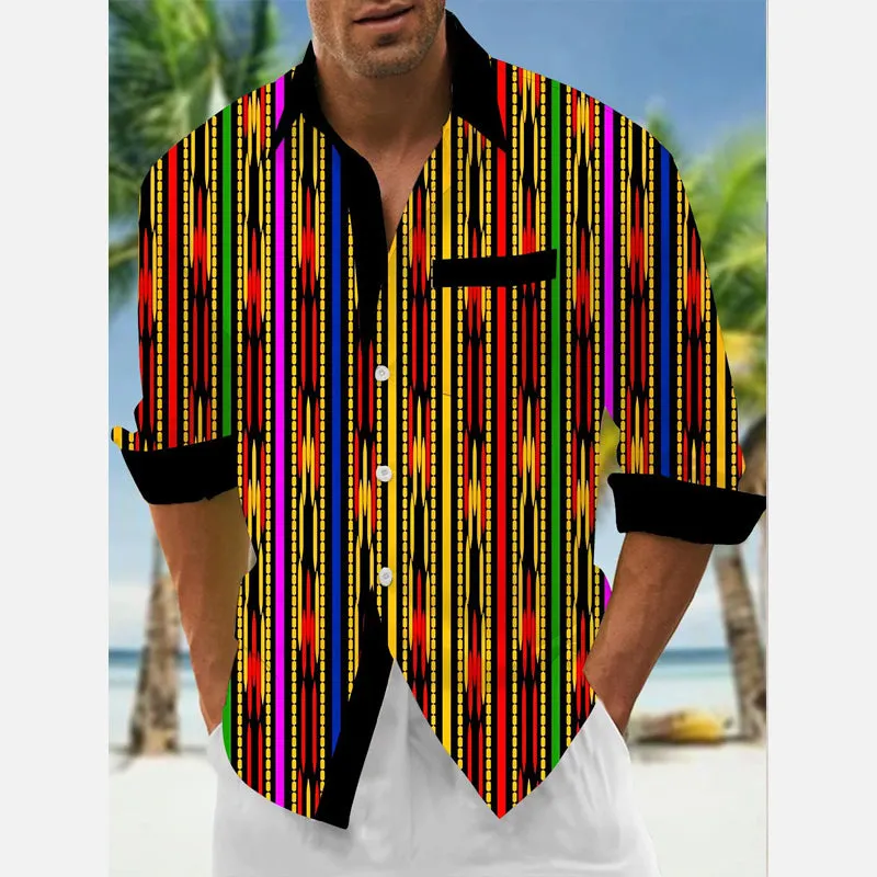 Men's Geometry Printed Pocket Long Sleeve Shirts