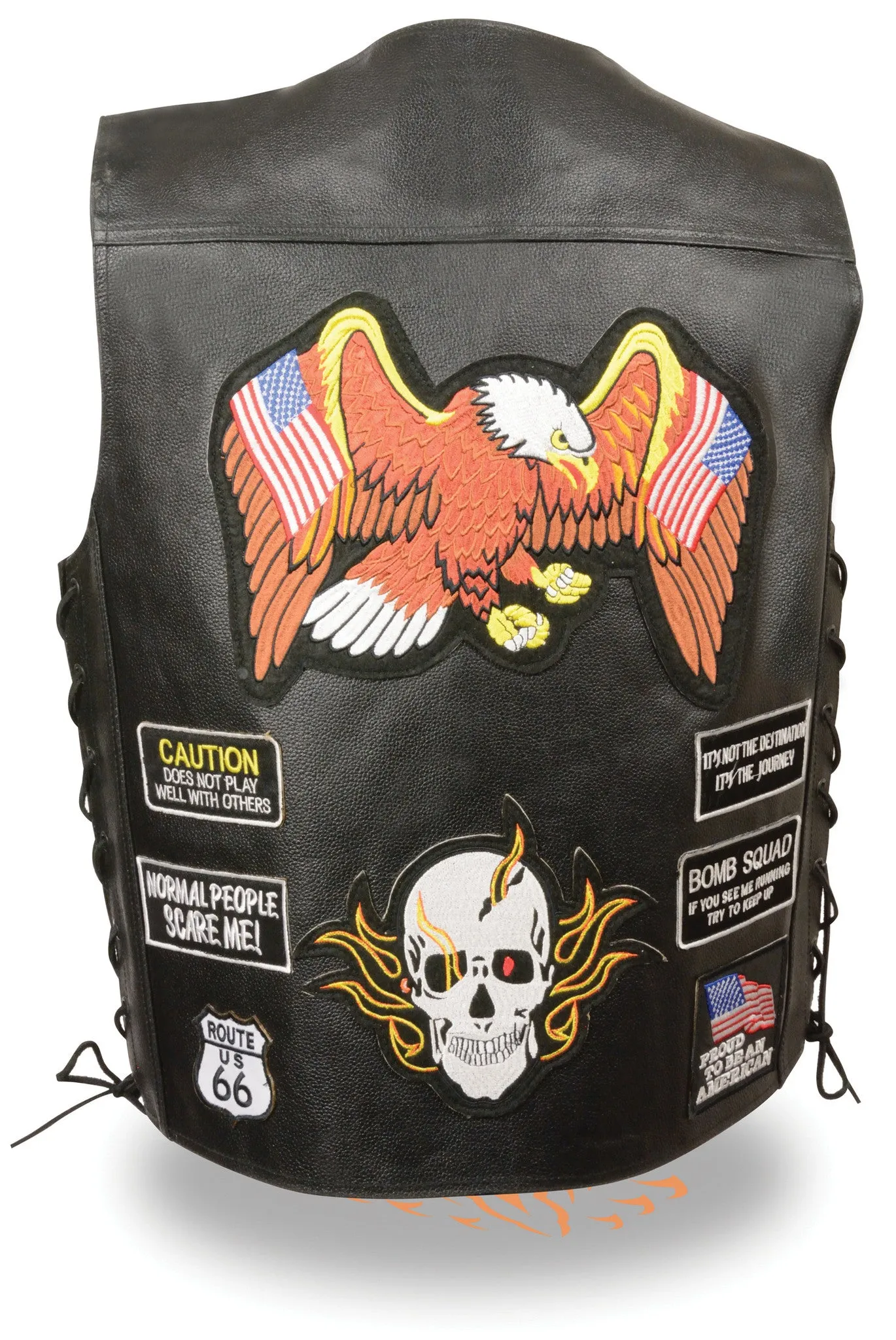 Men's Motorcycle Blk Side Lace Prepatched leather vest with 23 patches