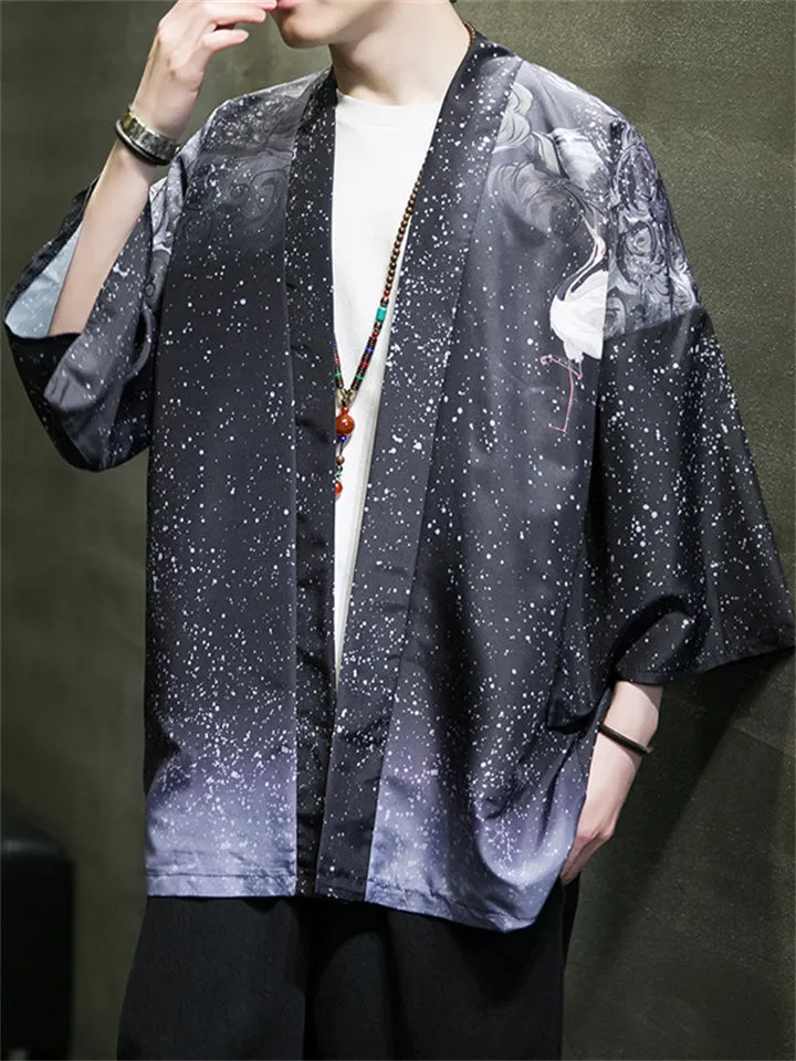 Men's Open Front Crane Flower Lotus Leaf Printed Shirts