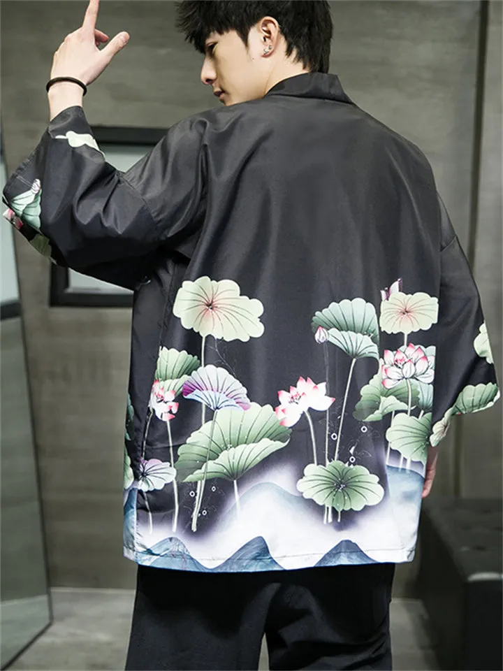 Men's Open Front Crane Flower Lotus Leaf Printed Shirts