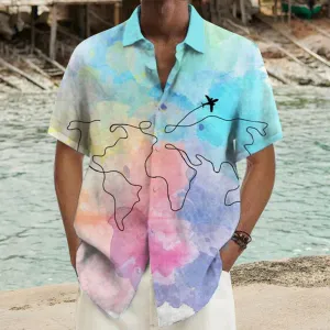 Men's Romantic Travel Route Printed Short-Sleeved Shirt