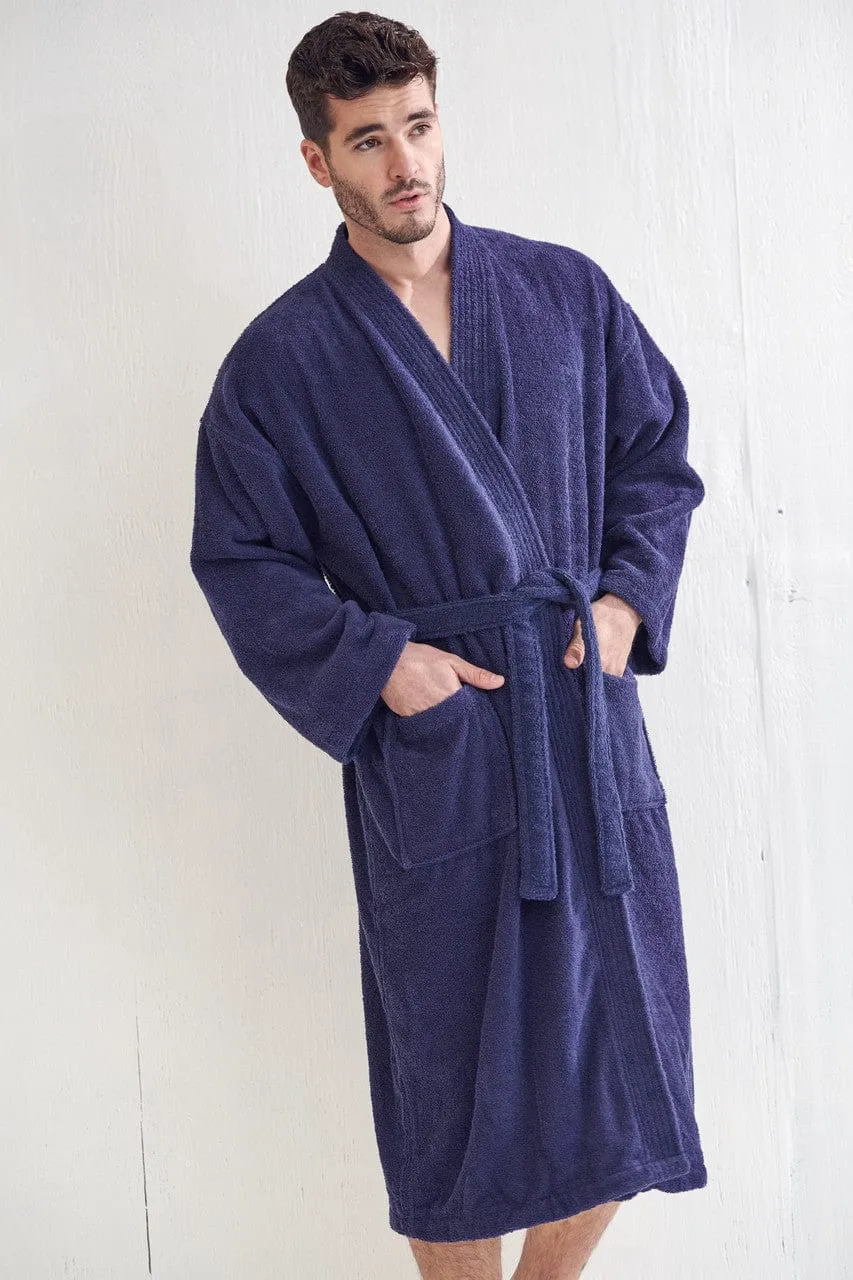 Men's Terry Cloth Bathrobe, Kimono Style, Cotton Turkish Luxury & Comfortable, (Navy)