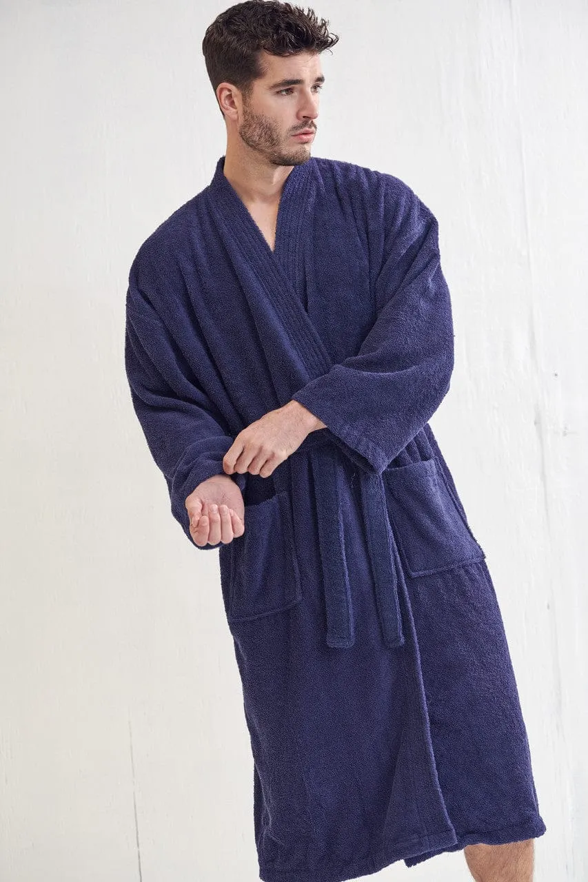 Men's Terry Cloth Bathrobe, Kimono Style, Cotton Turkish Luxury & Comfortable, (Navy)