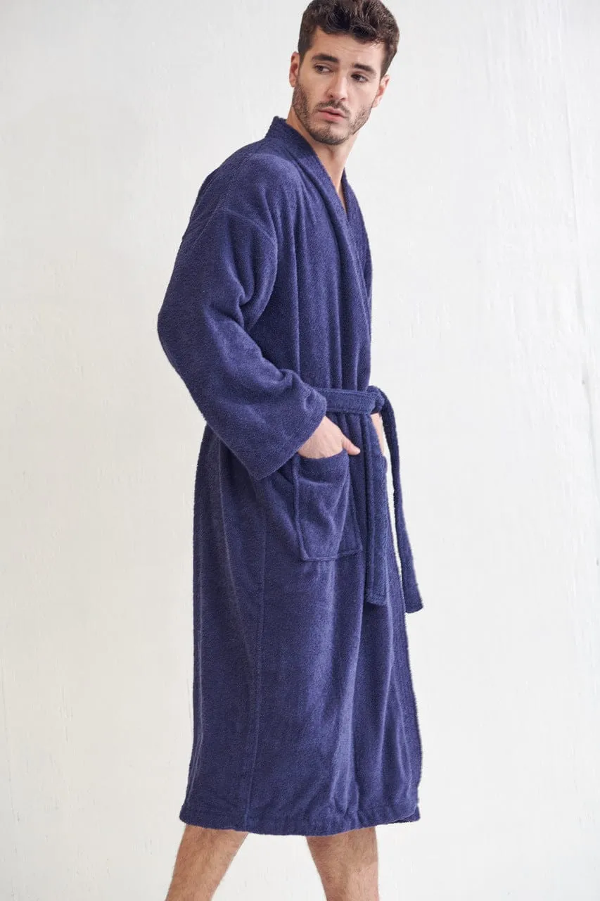 Men's Terry Cloth Bathrobe, Kimono Style, Cotton Turkish Luxury & Comfortable, (Navy)