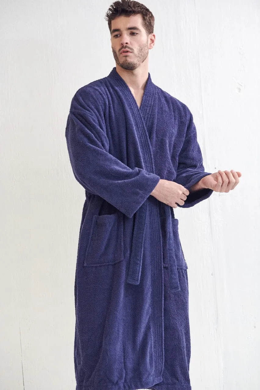 Men's Terry Cloth Bathrobe, Kimono Style, Cotton Turkish Luxury & Comfortable, (Navy)