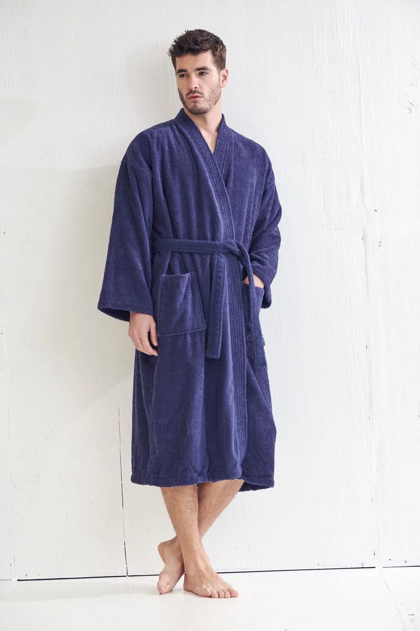 Men's Terry Cloth Bathrobe, Kimono Style, Cotton Turkish Luxury & Comfortable, (Navy)