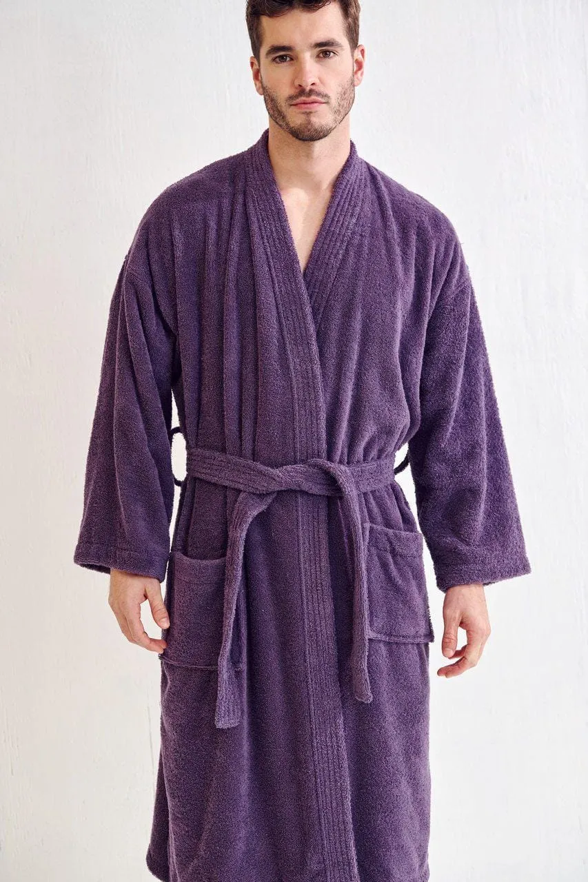Men's Terry Cloth Bathrobe, Kimono Style, Luxury Cotton Turkish & Comfortable, (Purple)