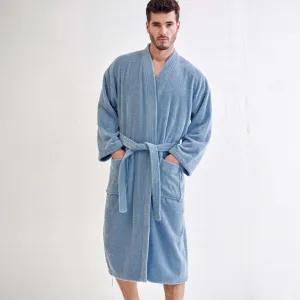 Men's Terry Cloth Bathrobe, Kimono Style, Luxury Terry Cotton Turkish & Comfortable, (Light Blue)
