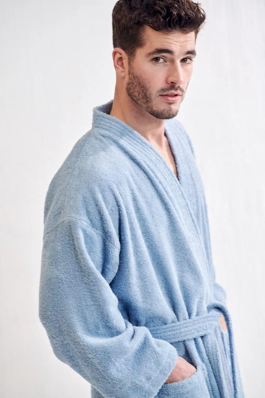 Men's Terry Cloth Bathrobe, Kimono Style, Luxury Terry Cotton Turkish & Comfortable, (Light Blue)