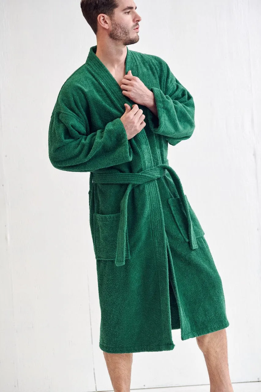 Men's Terry Cloth Cotton Turkish Bathrobe, Kimono Style, Luxury & Comfortable, (Green)