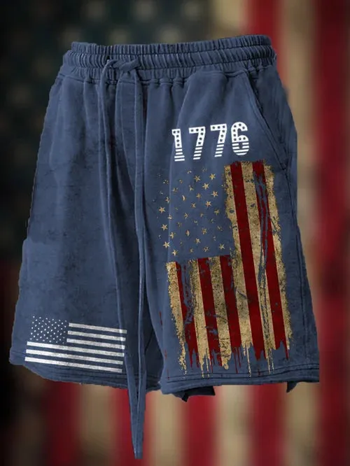 Men's Vintage Hemmed American Flag Independence Day Print Loose Shorts