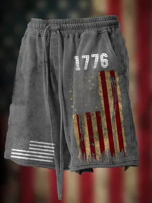 Men's Vintage Hemmed American Flag Independence Day Print Loose Shorts