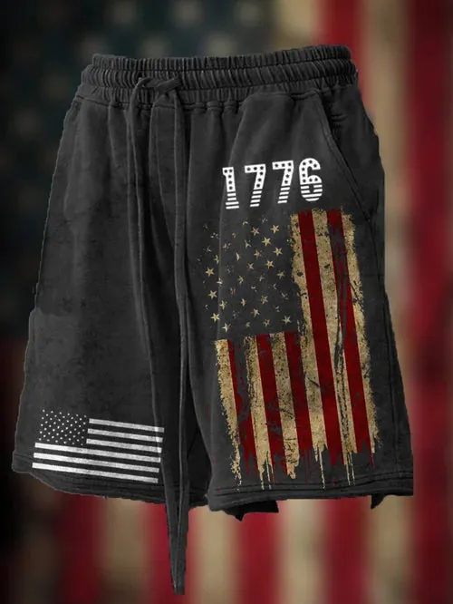 Men's Vintage Hemmed American Flag Independence Day Print Loose Shorts