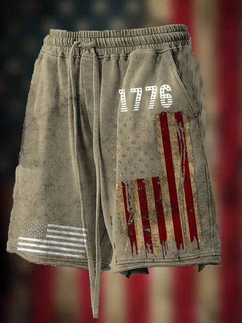 Men's Vintage Hemmed American Flag Independence Day Print Loose Shorts