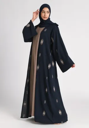 Navy Kimono Style Embroidered Open Abaya Set