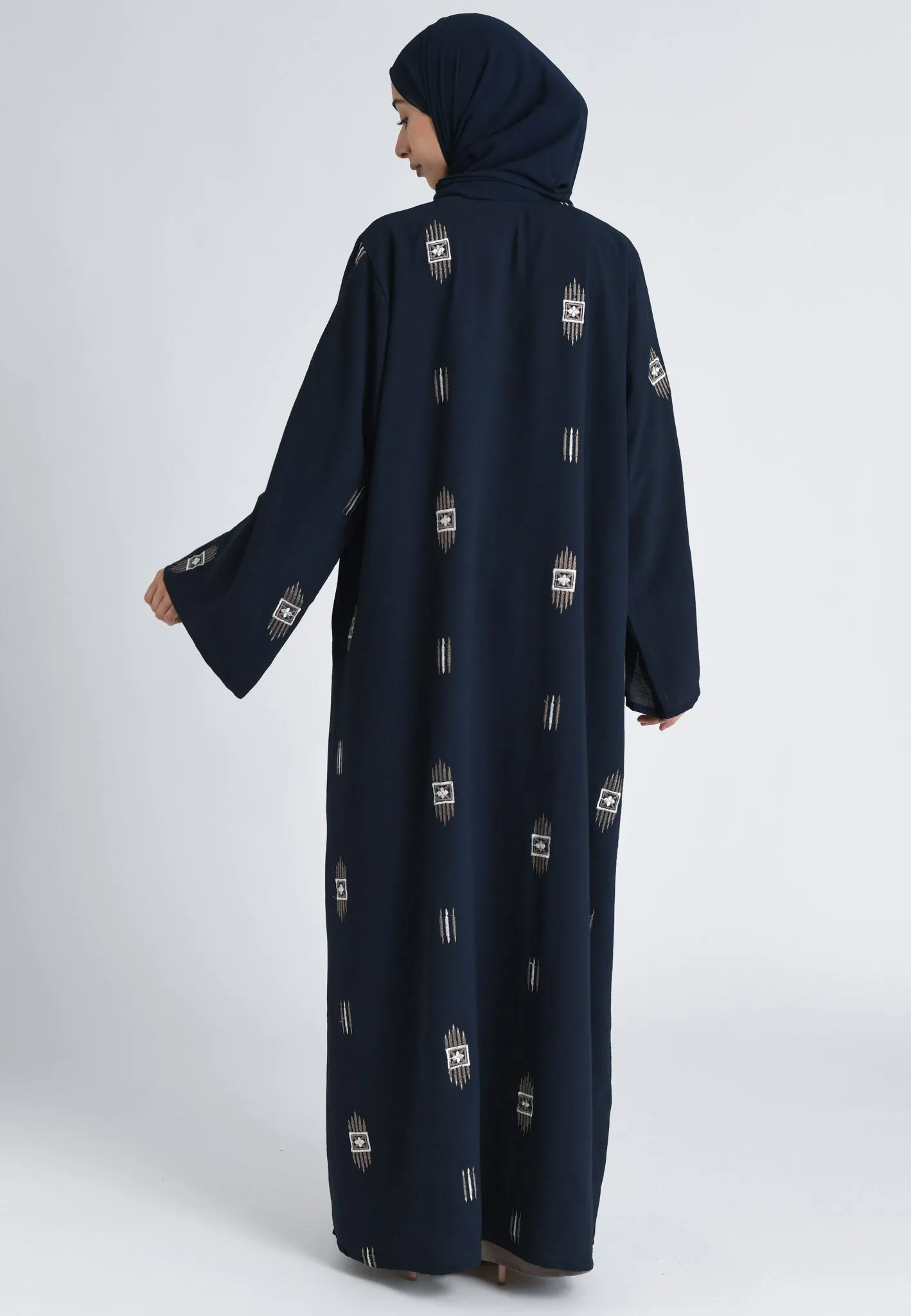Navy Kimono Style Embroidered Open Abaya Set