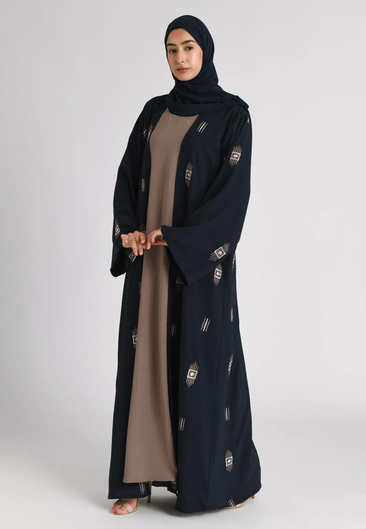 Navy Kimono Style Embroidered Open Abaya Set
