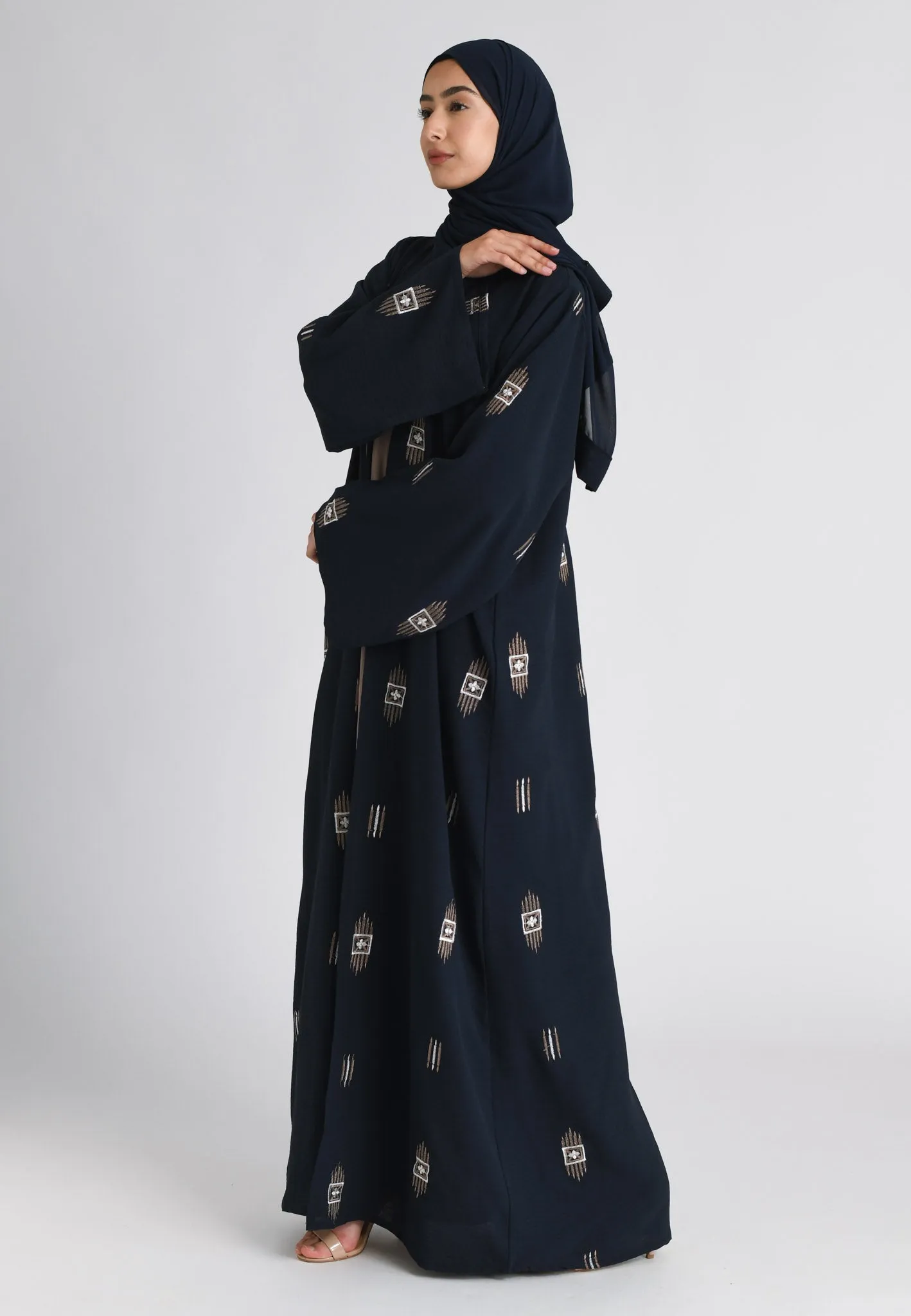Navy Kimono Style Embroidered Open Abaya Set