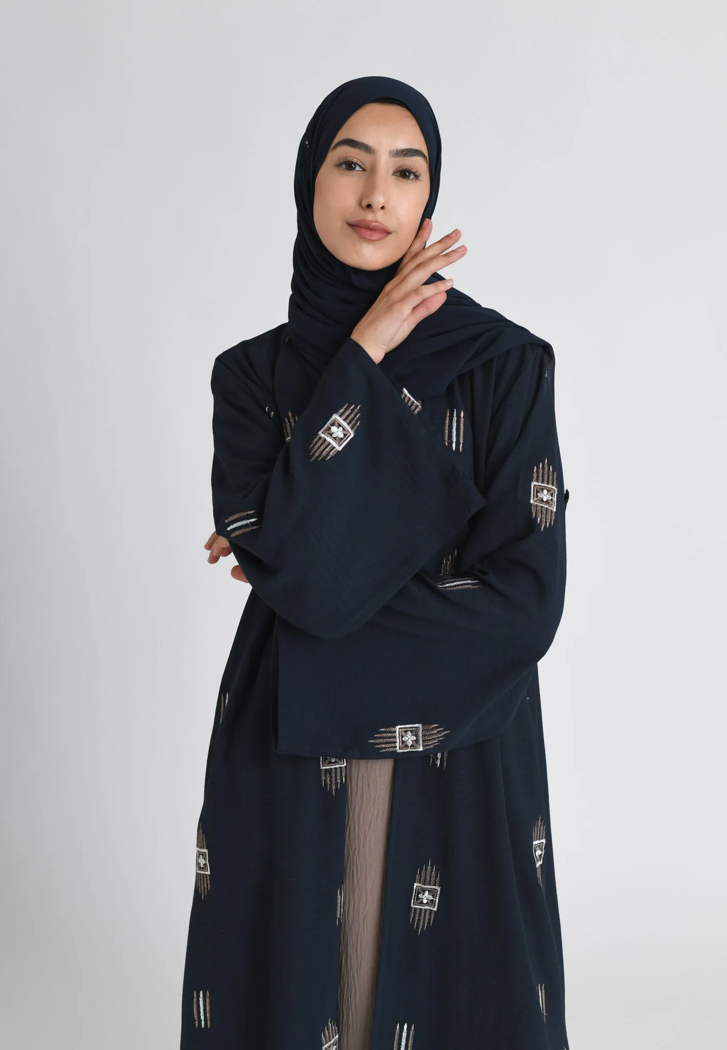 Navy Kimono Style Embroidered Open Abaya Set