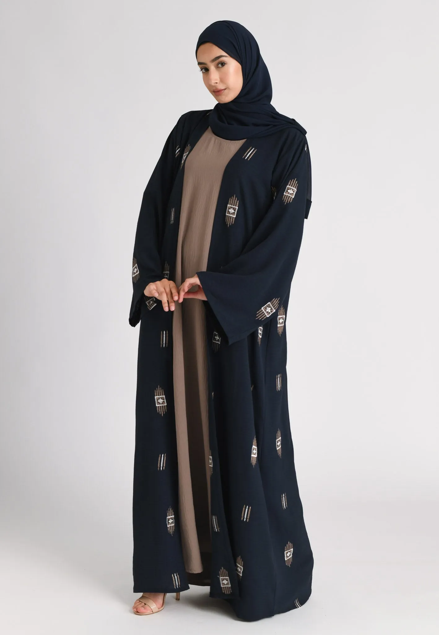 Navy Kimono Style Embroidered Open Abaya Set