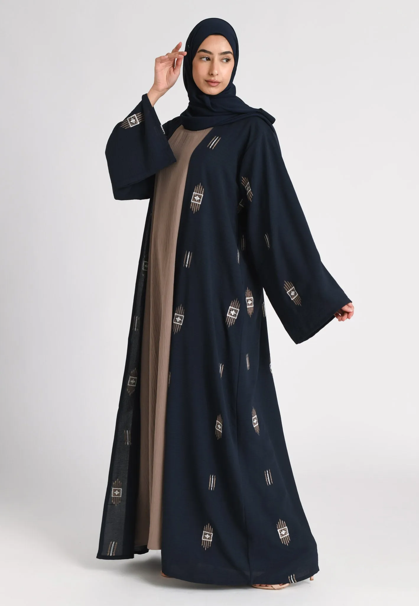 Navy Kimono Style Embroidered Open Abaya Set