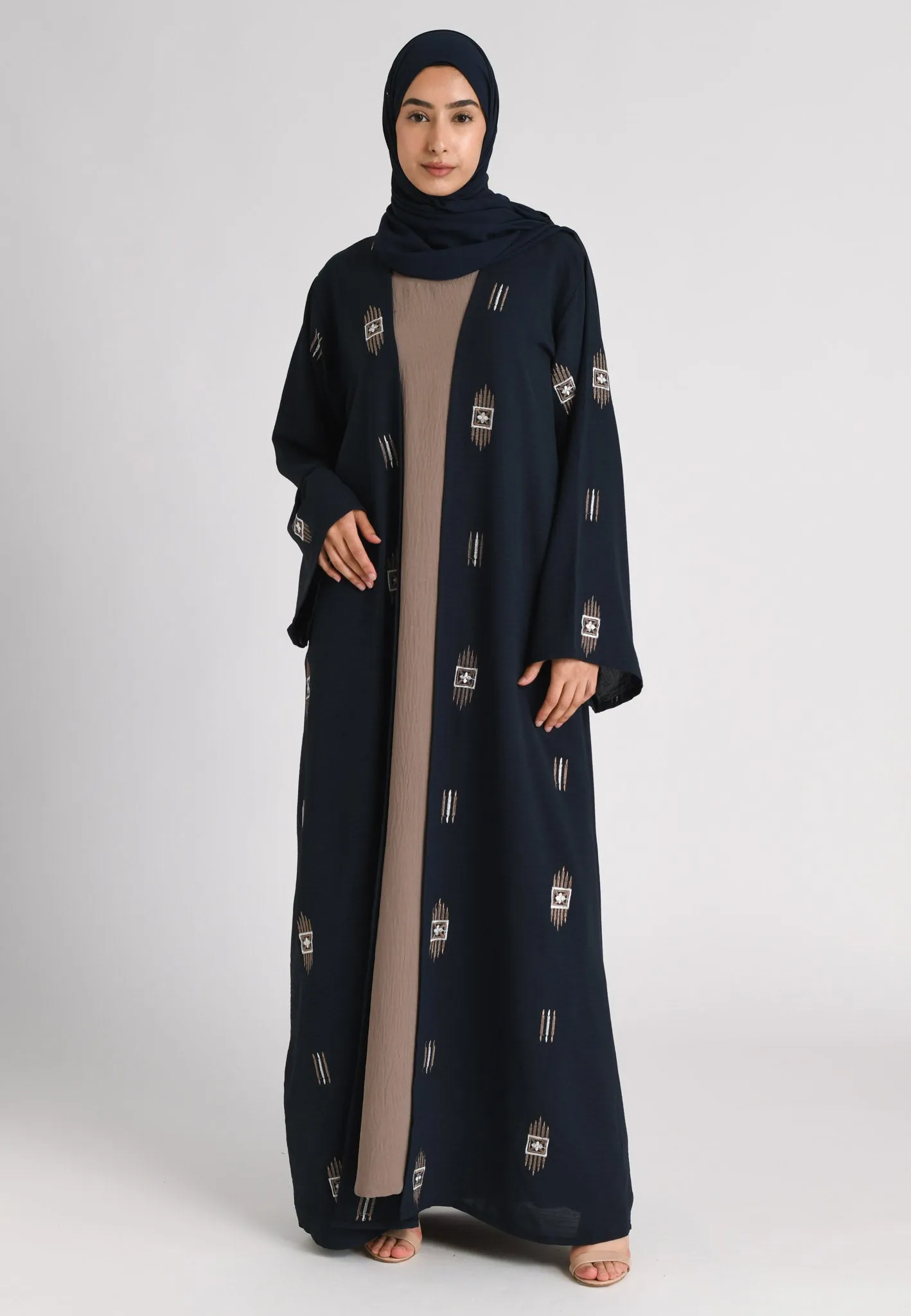Navy Kimono Style Embroidered Open Abaya Set
