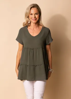 Nessa Linen V Neck Top in Khaki