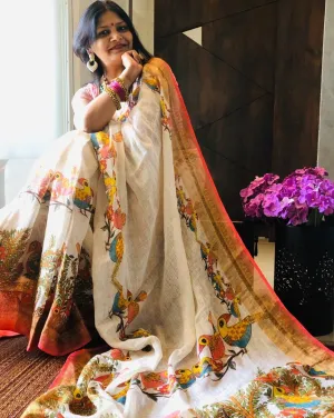 Off White Printed Linen Saree