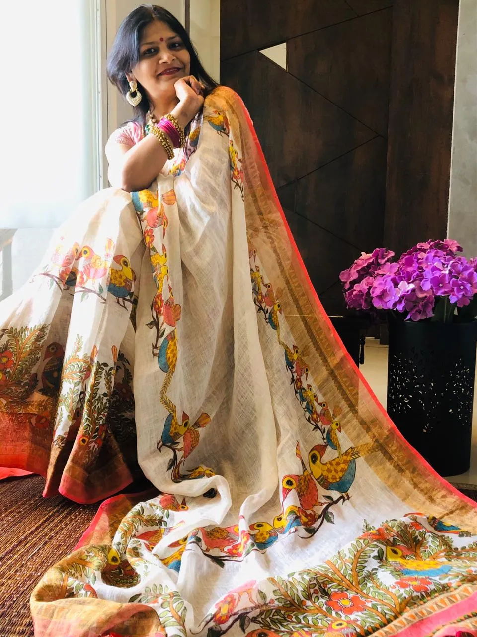 Off White Printed Linen Saree