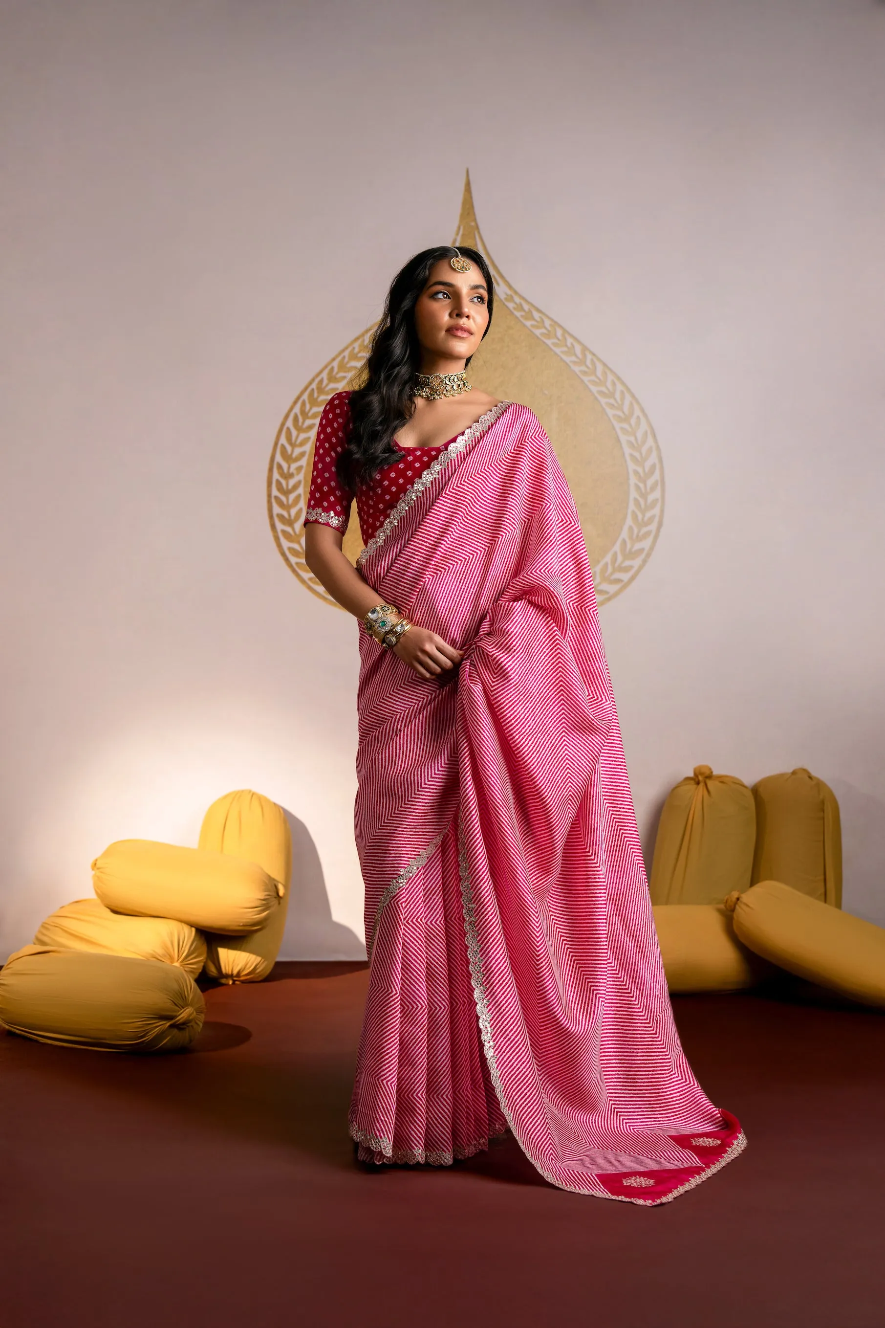 Pink ZigZag Laheriya Pure Russian Silk Saree with Mirror Work and Scallope Border
