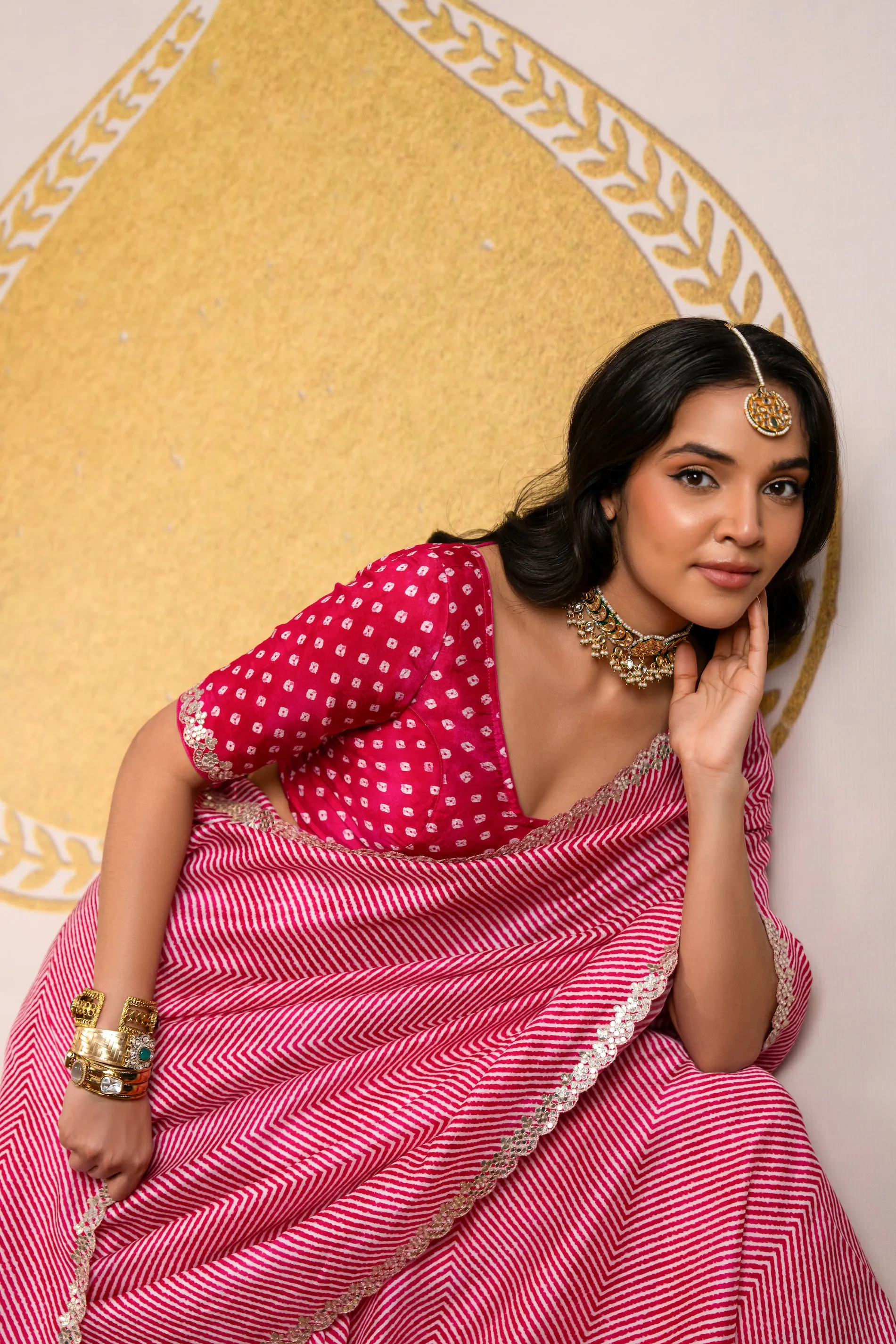 Pink ZigZag Laheriya Pure Russian Silk Saree with Mirror Work and Scallope Border