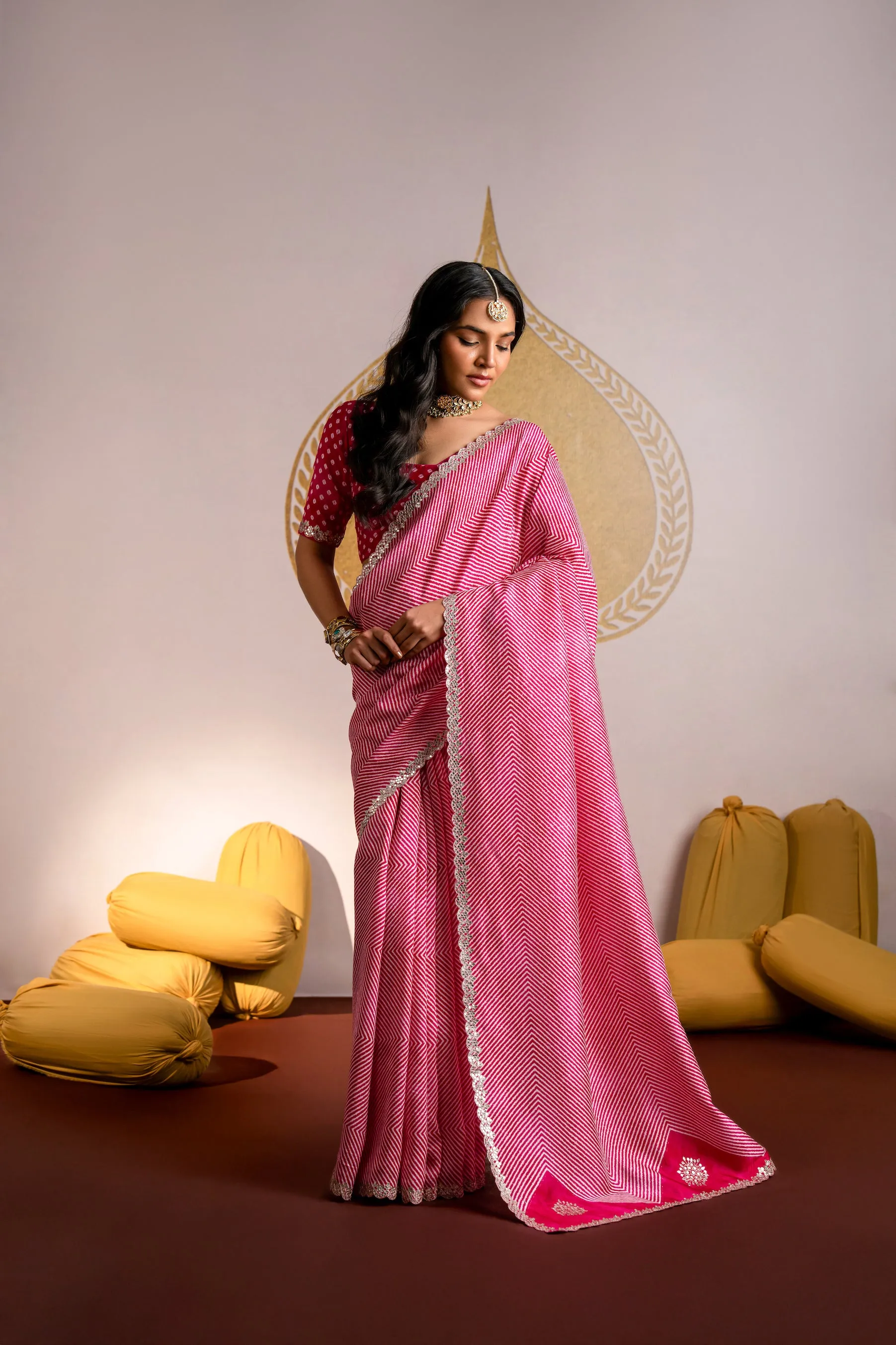 Pink ZigZag Laheriya Pure Russian Silk Saree with Mirror Work and Scallope Border