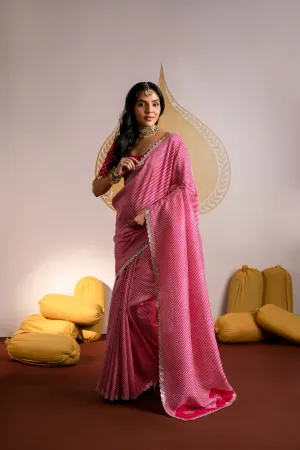 Pink ZigZag Laheriya Pure Russian Silk Saree with Mirror Work and Scallope Border